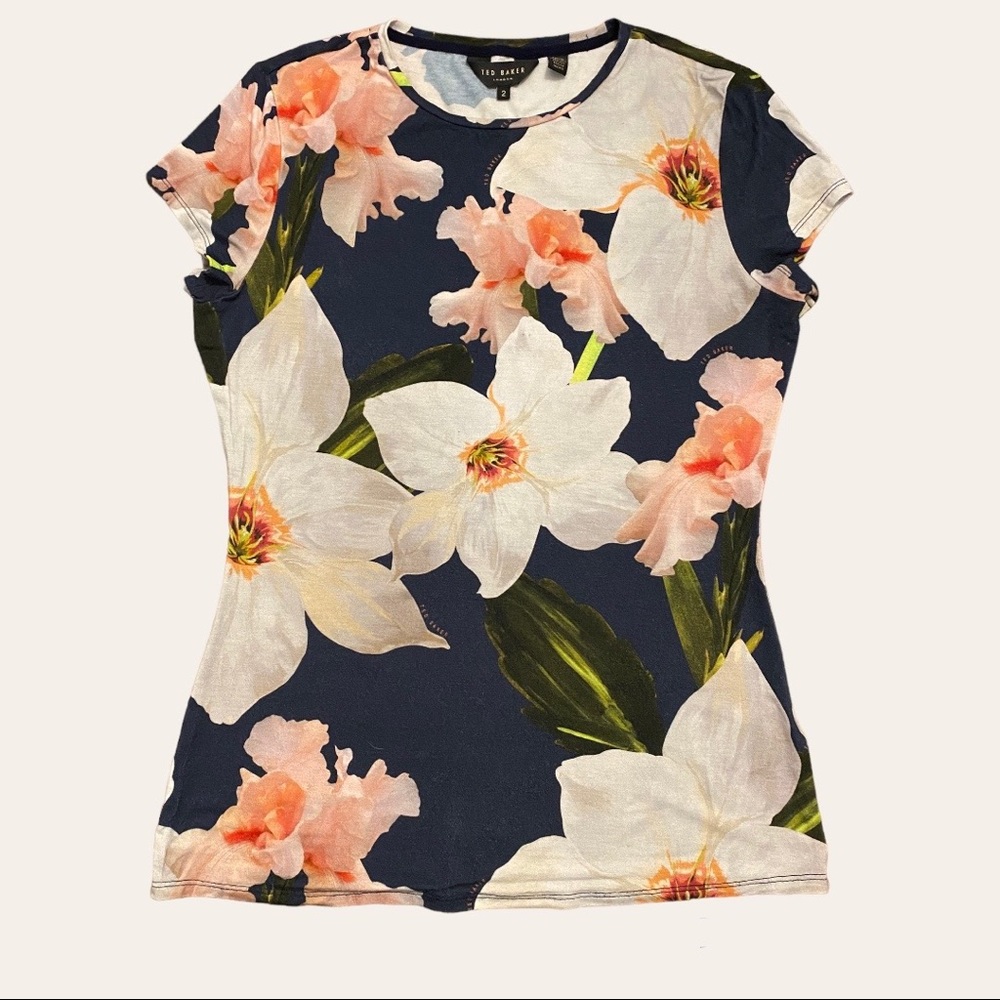 TED BAKER LONDON Navy Bold Floral Print Shirt Size 2